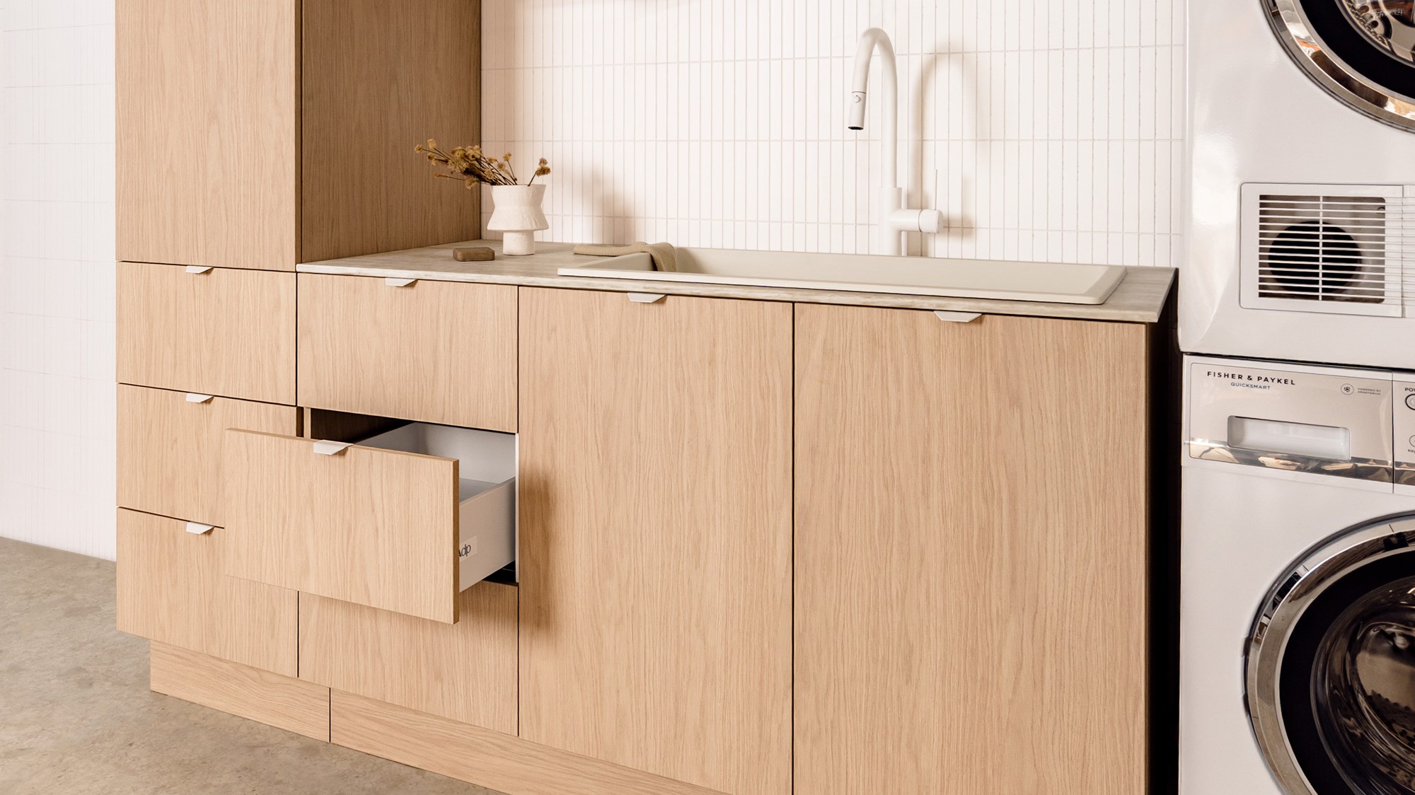 Vibrant Coastal Laundry_Blonde Oak_ Floor Cab_ 3/4 open