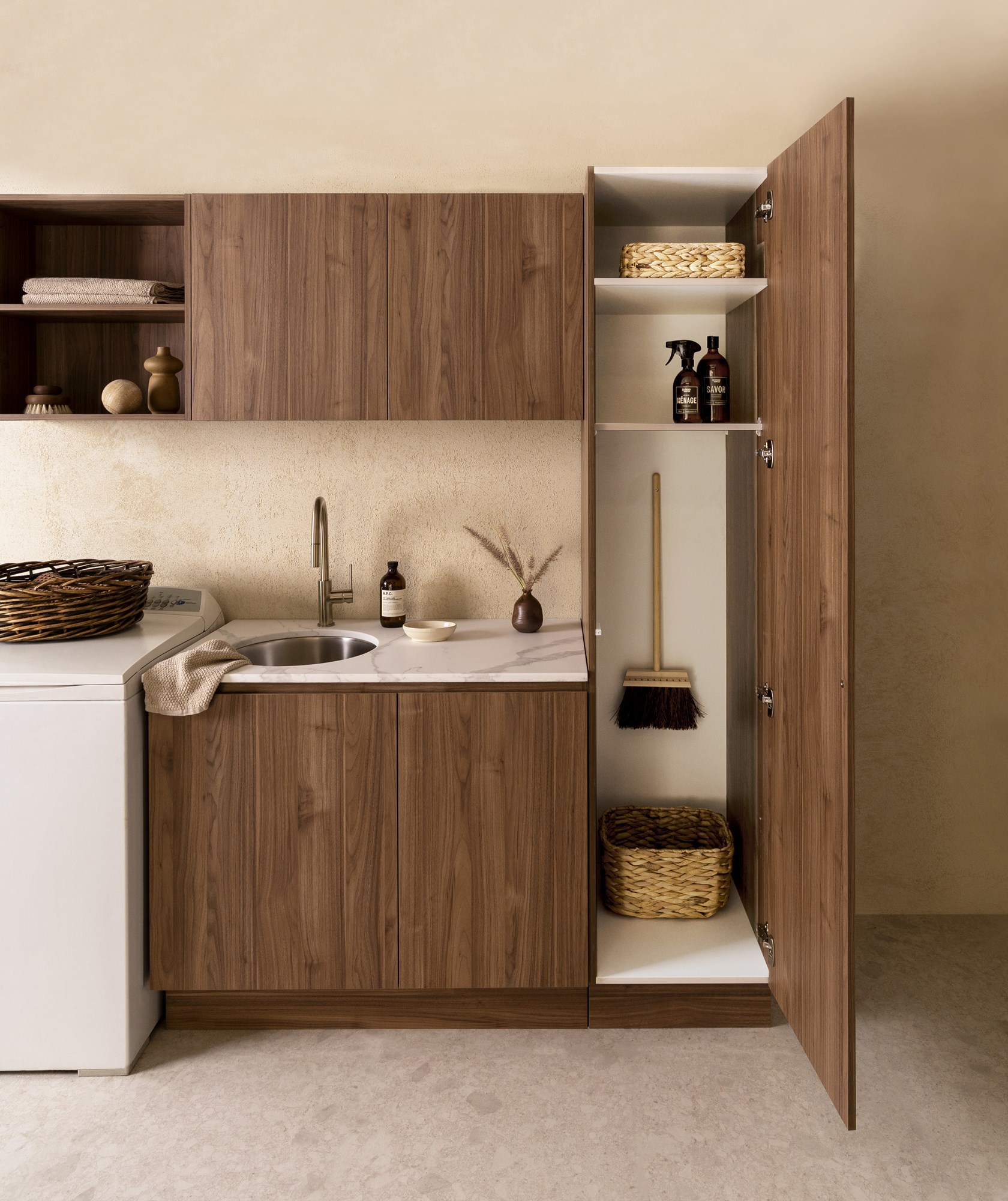 Modern Luxe Laundry_Notaio Walnut_Tall cab_open