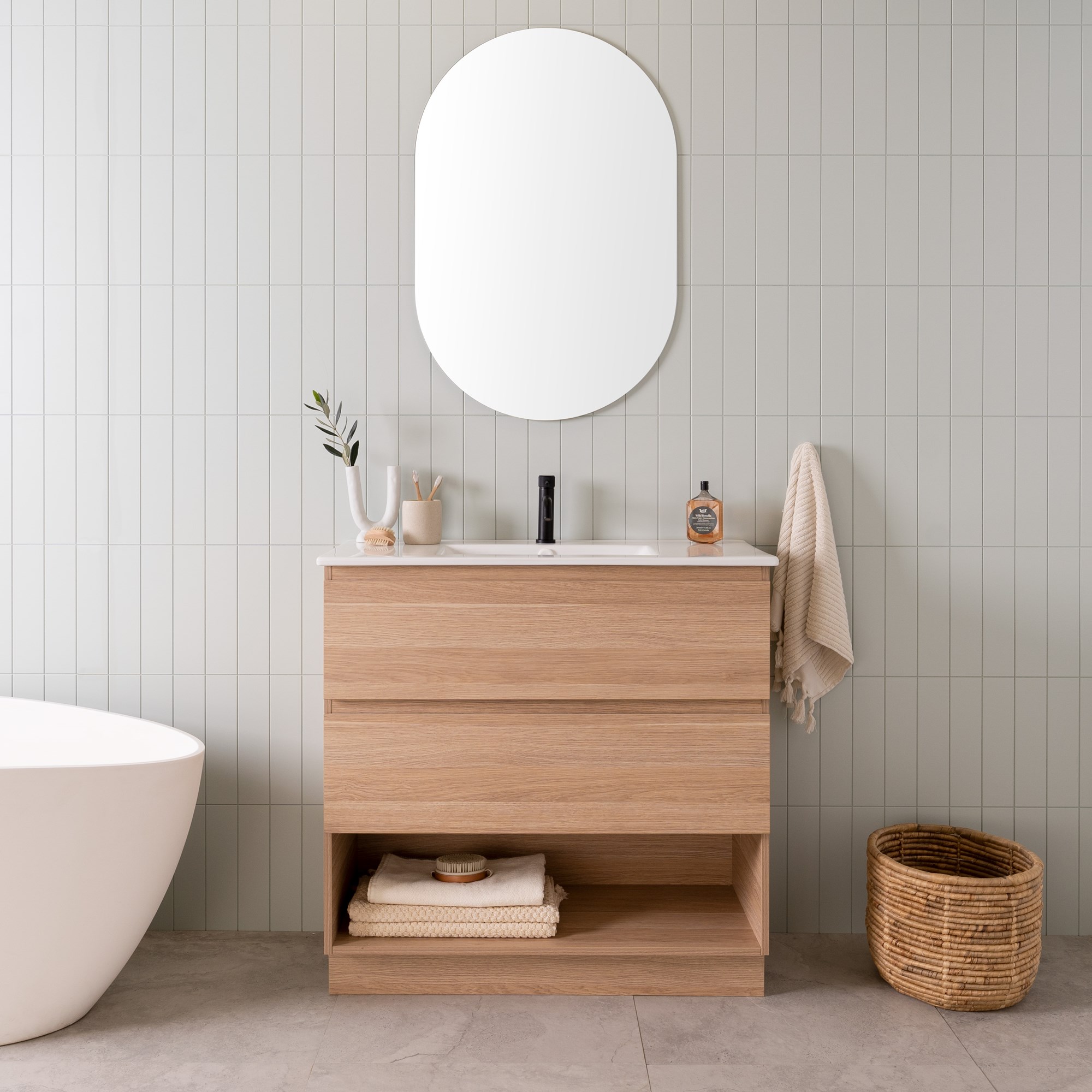 Glacier Lite Ensuite 900 Shelf Floor Mount Natural Oak Ceramic Top Front 1X1 Web